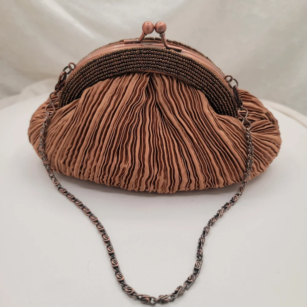 Carlo Fellini Bronze Pleated Satin and Beaded Bag Purse - Picture 1 of 6